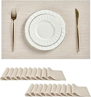 Leetaltree Beige White Placemats Set of 20 - Heat Resistant Non-Slip Place mats for Dining Table, Washable Durable PVC Vinyl Woven Table Mats(Beige White, 20)