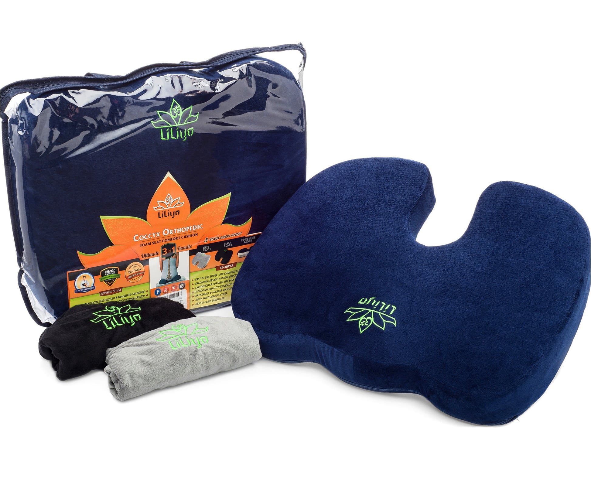 Coccyx Seat Cushion Butt Pillow - sciatica pain relief, lower back support for office chair pad, bbl pillow after surgery, with tote bag and 3 Color Covers (Blue, Gray, Black), cordus para la espalda