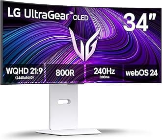 LG 34GX90SA-W 34-inch Ultragear WQHD (3440 x 1440) OLED Curved Gaming Monitor 240Hz, 1ms, NVIDIA G-Sync Compatible, AMD FreeSync Premium, VESA DisplayHDR True Black 400, webOS, USB Type-C, White