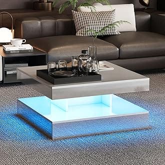 KEEPREAPER Mirrored Coffee Table with 16 LED Lights - Square Coffee Tables for Living Room - Modern Coffee Table with 2 Tier Storage, Mirror Effect Cocktail Tables for Home/Bar/Waiting Room
