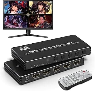 4K Multi-Viewer HDMI Quad 4x1, Multi-Switcher 4 in 1 Out Seamless Split Screen With IR Remote