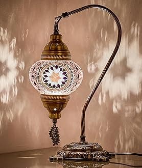 DEMMEX Authentic Turkish Lamp, Made in Turkey, Turkish Moroccan Mosaic Table Bedside Lamp, 100% Handcrafted, Antique Brass Color Metal Body and Decorated Metal Base, 15", Purple