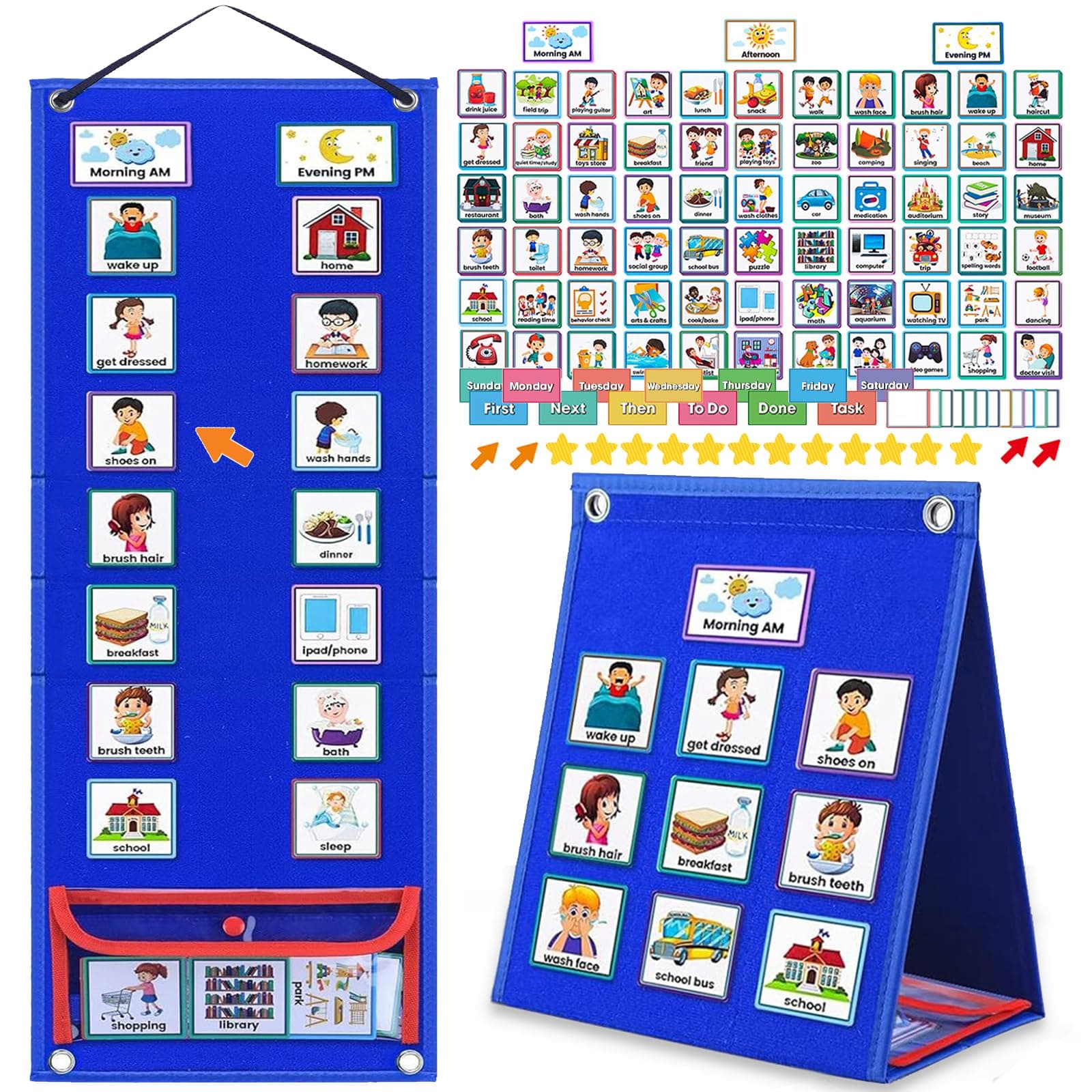 Visual Schedule for Kids with Autism Chore Chart for Toddler Planning Board Daily Routine Chart Autism Learning Materials Classroom, Home Use with 124 Cards (Blue)
