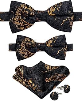 DiBanGu 2PCS Father and Son Bow Tie Silk Mens and Boys Pre-tied Bowtie & Pocket Square Cufflinks Set Kids Adjustable Bow Tie