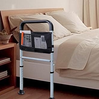 Bed Rails for Elderly Adults Safety with Adjustable Heights Storage Pocket Assist Support Side Railings for Seniors Citizens Slides Under Mattressbed Cane Medical Bed Guard Bed Handles Bars(Grey)