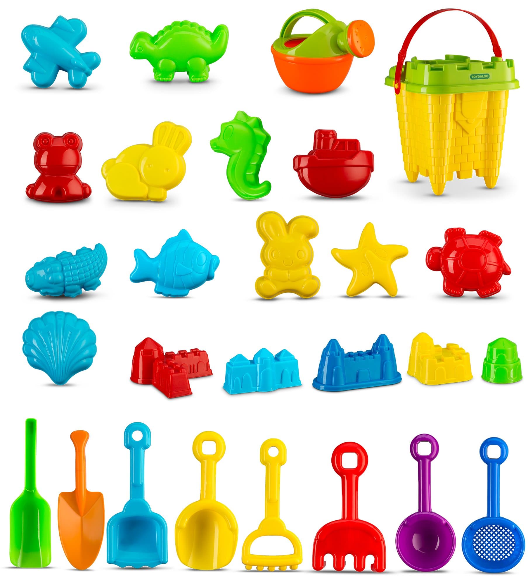 Sand Play Set with Animal Molds, Models and Garden Tools 28 Pc | Multicolor Beach Sand Castle Bucket Kit Including Multiple Shaped Sand Molds for Pool | Beach | Backyard | Sandbox - Ages 3+ Assorted