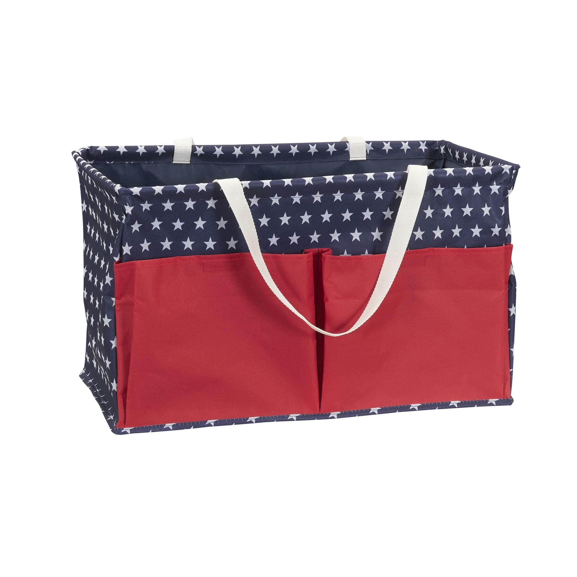 Household Essentials Krush Container All-Purpose Utility Tote, Water-Resistant Vinyl Lining with Pockets, Red, White and Blue