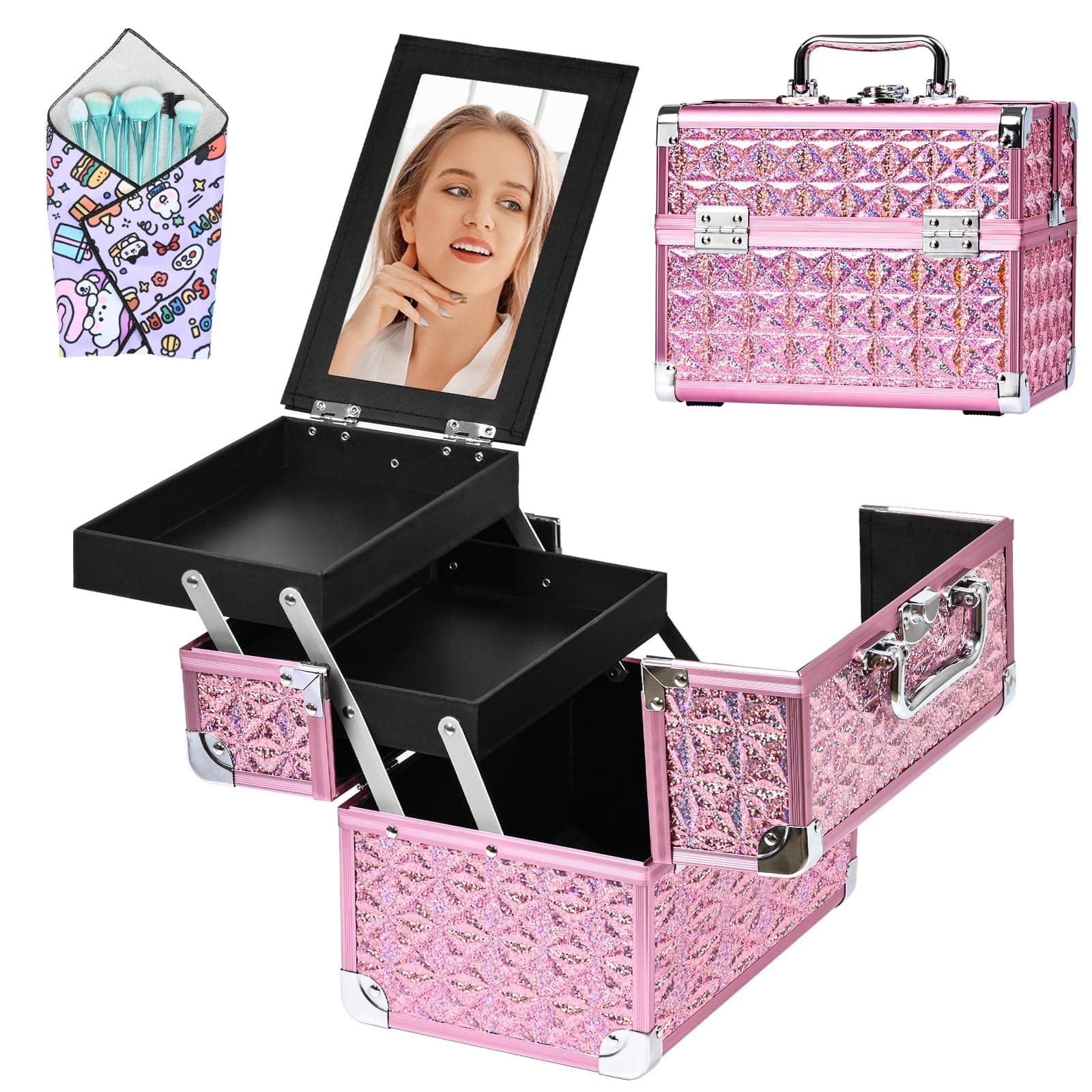 Makeup Case Organizer,Makeup Train Case, Trays Cosmetic Box Portable, Profesional for Salon Barber,Pink