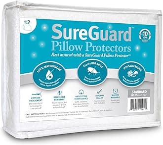 Set of 2 Standard Size SureGuard Pillow Protectors - 100% Waterproof - Zippered - Breathable Soft Cotton Terry Cover - Block Bed Bugs, Dust Mites, Allergens - 30 Day Return Guarantee, 10 Year Warranty