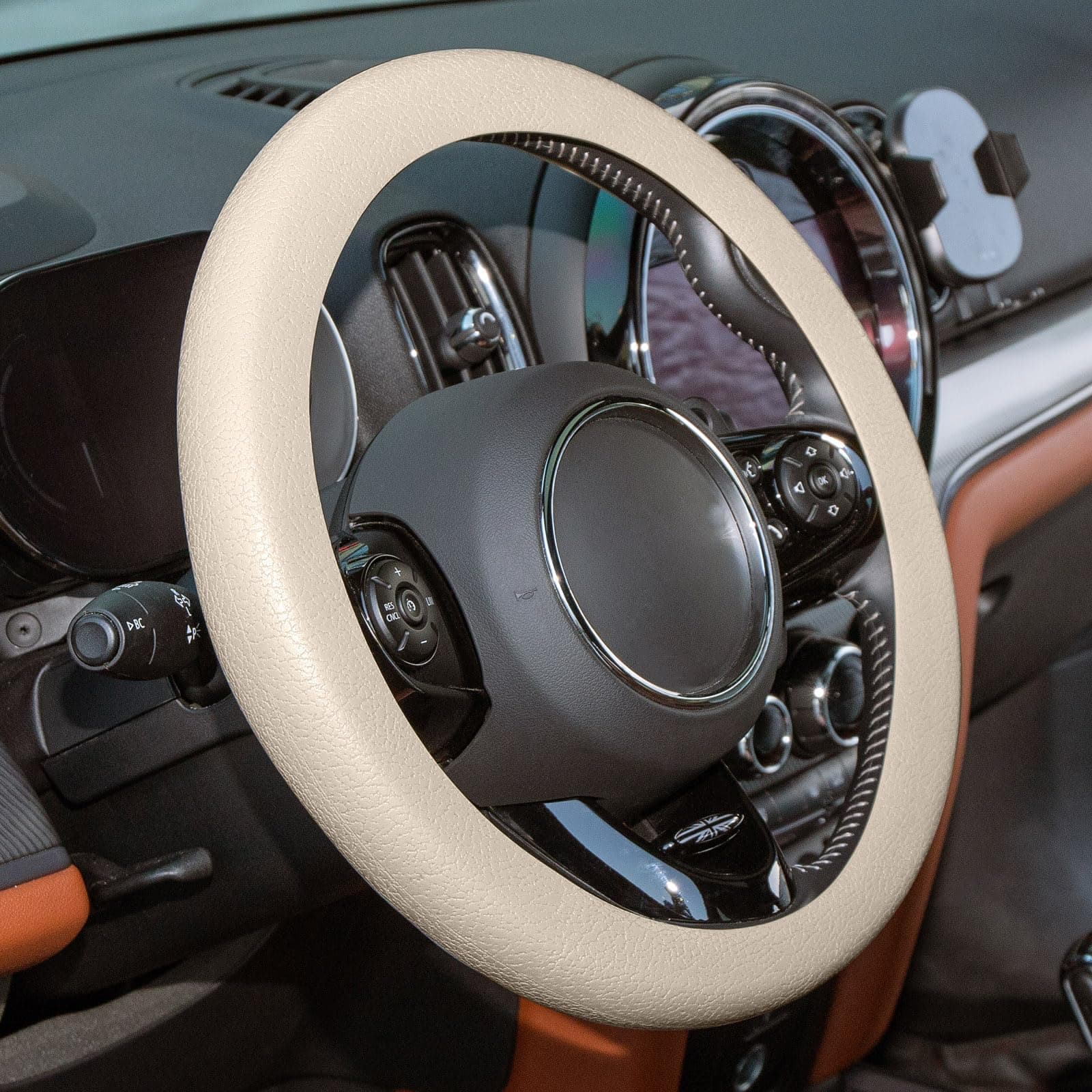 Beige Car Steering Wheel Cover Men, Soft Thin Silicone Leather Texture Car Accessories for Women, Fit Diamenter 15" - 16.5"