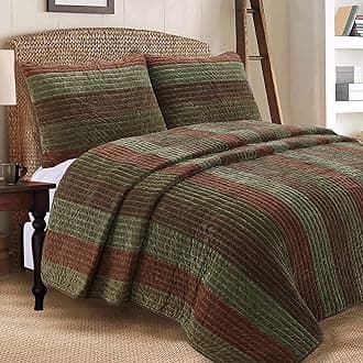Cozy Line Home Fashions Hand Piecing Rhett Dark Brown Sage Green Bold Striped Velvet Reversible Quilt Bedding Set, Coverlet, Bedspread for All Seasons (Brown Sage, Queen - 3 Piece)