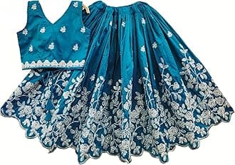 Girls Readymade Crop Top With Lehenga - Taffeta Silk Embroidered Lehenga Choli - Perfect for Ethnic, Party & Wedding - Traditional Dress