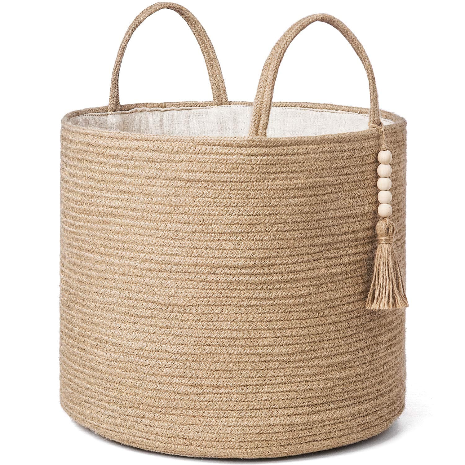 Woven Storage Basket Decorative Natural Rope Basket Wooden Bead Decoration for Blankets,Toys,Clothes,Shoes,Plant Organizer Bin with Handles Living Room Home Decor, Jute, 16" W × 13.8"L