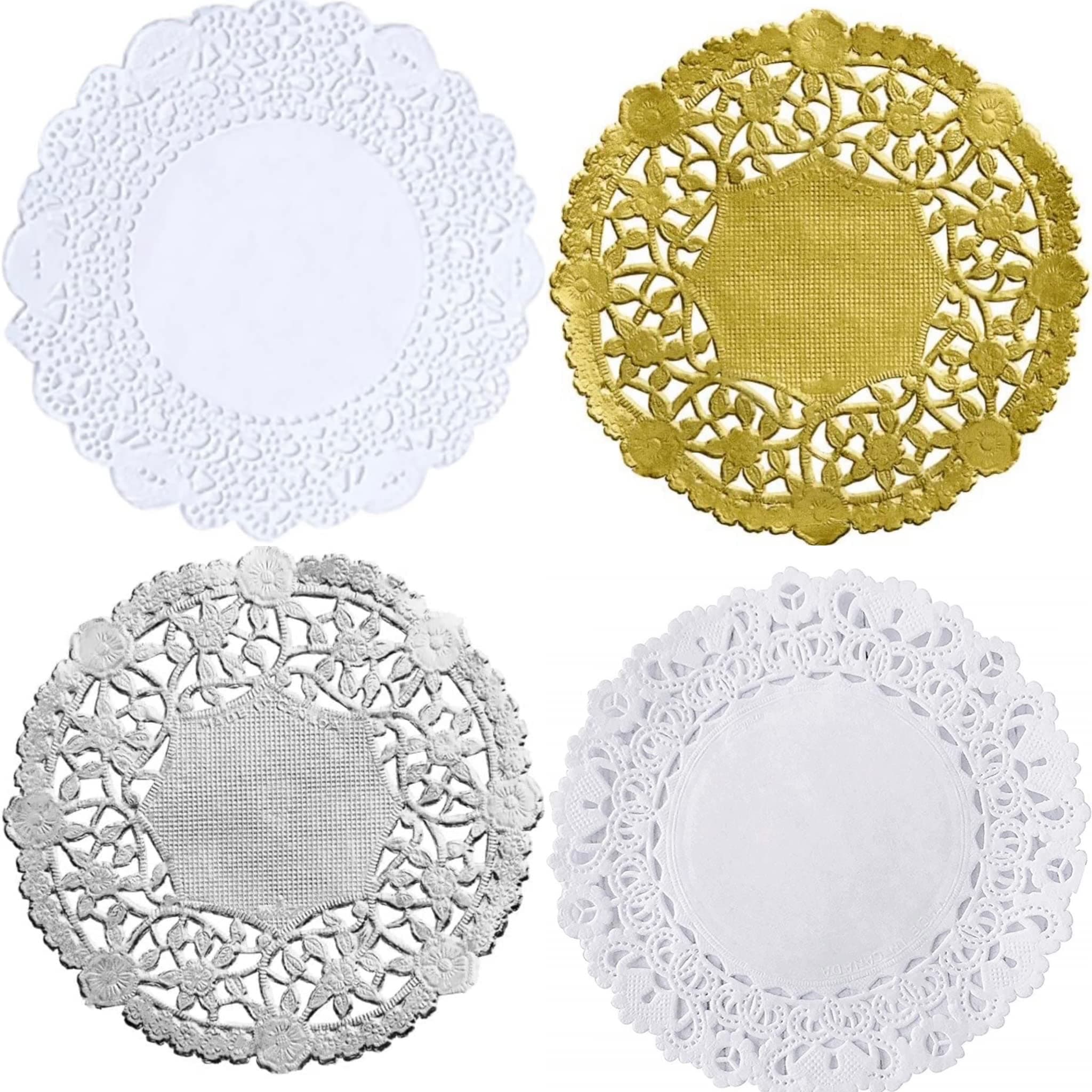 The Baker Celebrations Combo Pack 4 inch Round Round Doilies – White Paper Lace and Metallic Silver Gold Foil (Pack of 100)