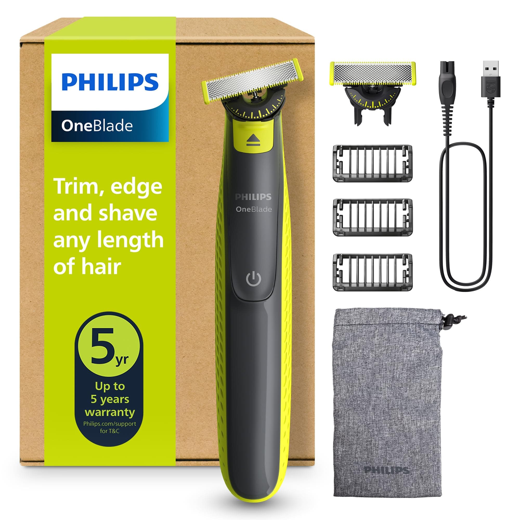 Philips OneBlade 360 Authentic Electric Beard Trimmer and Shaver, 2X 360 Blades, 3X Stubble Comb (1,3,5mm), QP2724/31