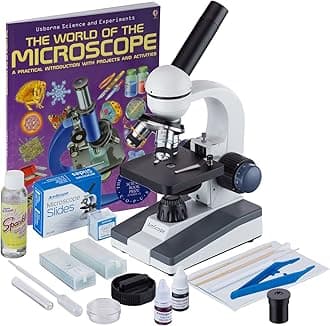 AmScope M150C-SP14-CLS-50P100S-WM 40X-1000X Portable Student Microscope with Extensive Slide Preparation Kit and Book
