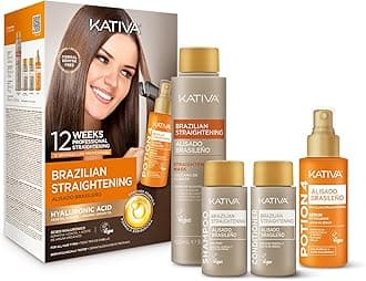 Brazilian Keratin Straightening Kit - Alisado Brasileño Keratina + Potion 4 Heat Protectant Serum, Formaldehyde-Free Smoothing, Anti Frizz, Hyaluronic Acid, Argan Oil, Vegan, Up to 12 Weeks