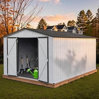 10 x 12 FT Outdoor Storage Shed, Metal Garden Tool Shed with Slooping Roof, Lockable Doors and Windows, Easy to Assemble for Garden, Patio, Lawn, White+Black