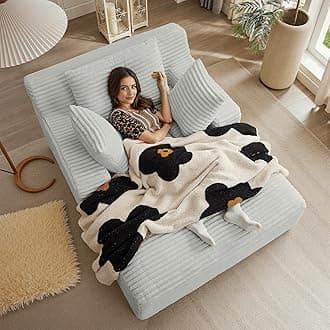 50 Inches Chaise Lounge Indoor, Oversized Chaise Lounge Chair with 3 Throw Pillows and Armrests, Corduroy Upholstered Plush Sofa Bed Lazy Chair Bed Sleeper Chair for Living Room Apartment (Light Grey)