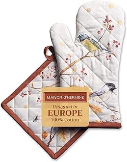 Maison d' Hermine Oak Leaves 100% Cotton Set of Oven Mitt (19cm x 33cm) and Pot Holder (20cm x 20cm) for BBQ | Cooking | Baking | Grilling | Microwave | Barbecue | Thanksgiving/Christmas