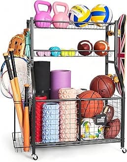 Mythinglogic Sports Equipment Garage Organizer,Garage Ball Storage for Sports Gear and Toys, Rolling Ball Cart with Wheels for Indoor/Outdoor Use