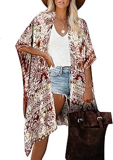 Moss Rose Women's Beach Cover up Swimsuit Kimono Cardigan with Bohemian Floral Print, C Multicolor Print, One Size