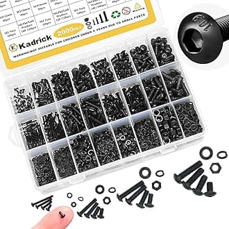 Kadrick Metric Screw Assortment, 2000PCS Metric Bolt Assortment Kit M2 M3 M4 M5 Machine Screws with Lock & Flat Washers, Grade 10.9 Alloy Steel Hex Socket Button Head Black Screws Nuts and Bolts Kit