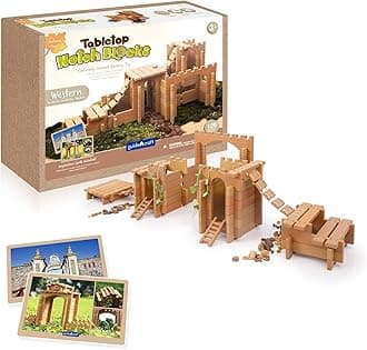 Guidecraft Tabletop Notch Blocks - Western 129 pc. Set with 10 Double-Sided Activity Card: Montessori Building Blocks Set with Ladders and Bridge Pieces, Kids Natural Play Toy