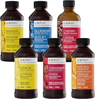 LorAnn Oils Bakery Emulsion Baker's Fruity Variety Pack - Banana, Blueberry, Cherry, Strawberry, Lemon, and Orange (4 oz. bottle of each flavor)…