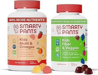 SmartyPants Kids Multivitamin + Fiber & Veggie Bundle: Omega 3 Fish Oil, Prebiotic Fiber, Gluten-Free, Three Fruit & Mixed Berry Flavors, Multi & Omegas (120 Count) + Fiber & Veggies (60 Count)