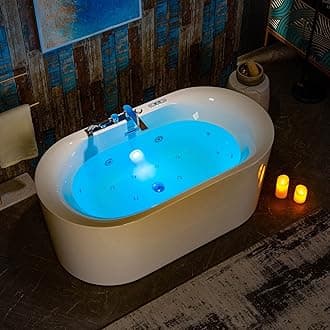 WOODBRIDGE 59" x 31-1/2" Whirlpool Water Jetted and Air Bubble Freestanding Heated Soaking Combination Bathtub with Faucet, BJ100+F0041CH