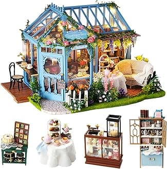 Spilay Dollhouse Miniature with Furniture,DIY Dollhouse Kit Plus Dust Cover & Music Box,1:24 Scale Creative Room for Girl Birthday Gift for Lover and Friends(Rose Garden Tea House)