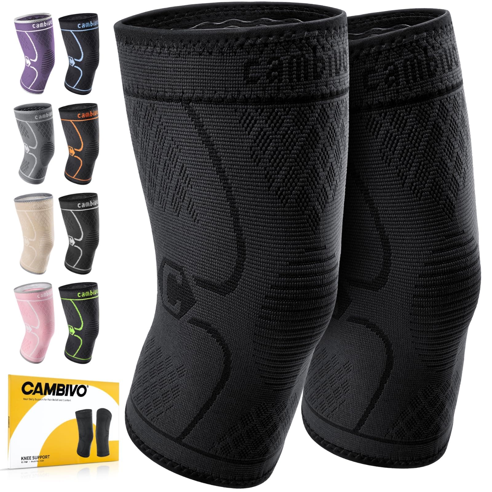 CAMBIVO 2 Pack Knee Braces for Women & Men, Knee Compression Sleeves for Knee Pain Relief, Knee Support with Non-Slip Silicone, Breathable, for Running, Workout, Weightlifting & Daily Use, Arthritis Support (Black, Medium)