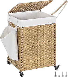 SONGMICS Laundry Hamper with Lid, 31.7 Gallons (120 L), Rolling Laundry Basket with Wheels, Synthetic Rattan, Removable Liner, Bedroom, 18.1 x 15.7 x 26 Inches, Natural Color ULCB161Y01