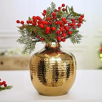 BEHOMA Metal Hammered Bud Round Shape Vase for Home Decor Decoratives for Indoor Outdoor Living Room Balcony | Best Gift for Birthday Anniversary Festival | Golden 1 Large Pcs