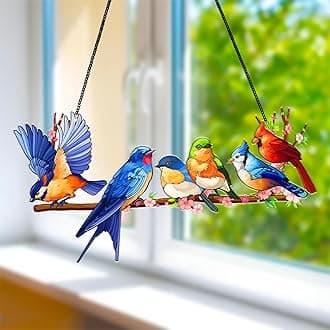 Birds on Branch Suncatcher Window Hanging, Cardinal Hummingbird Acrylic Hanging Ornament, Birthday Mother's Day Bird Lovers Gifts for Mom Women, Colorful Nature Bird Decor for Home, Garden, Porch