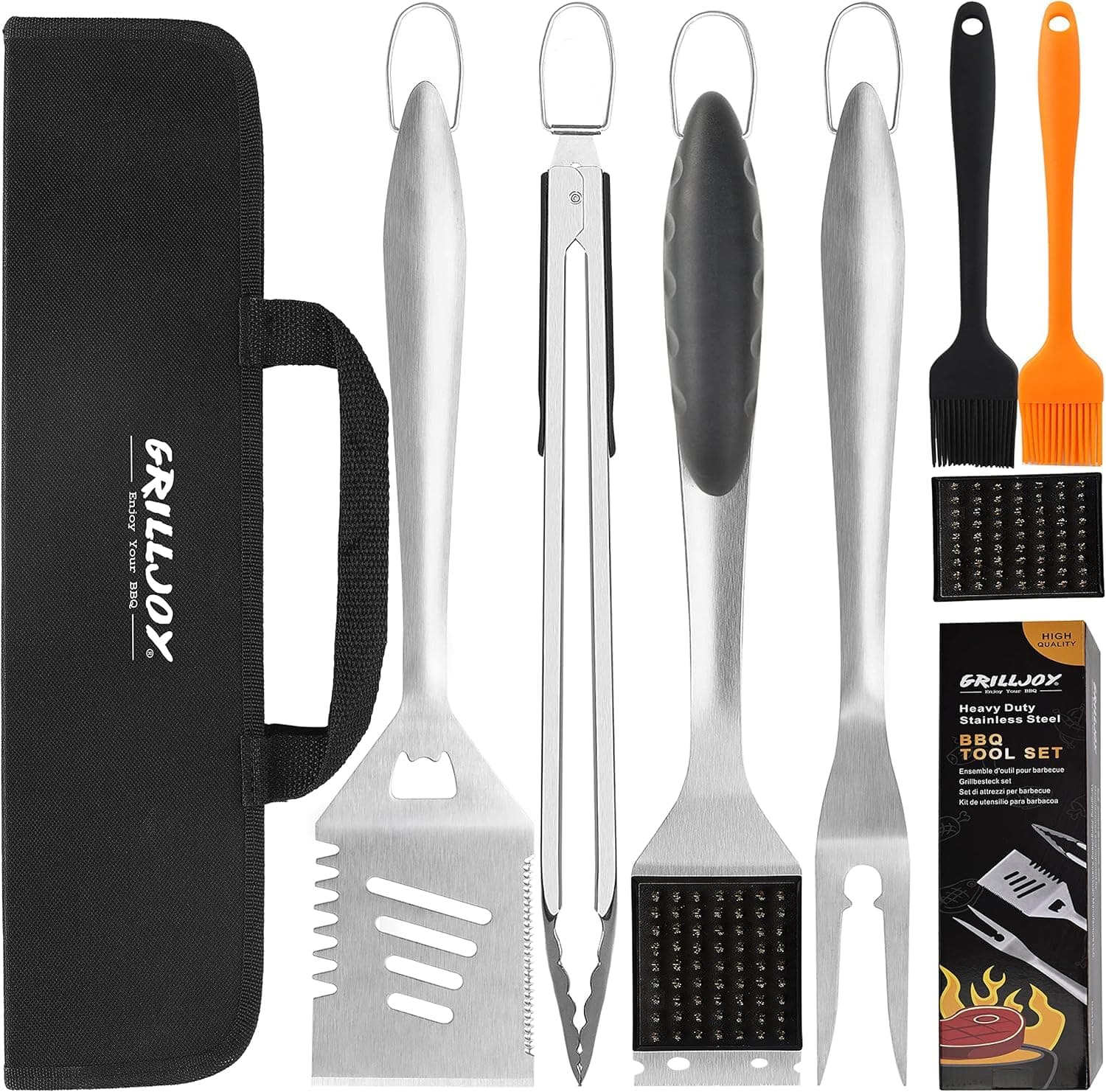 8PCS BBQ Grill Tools Set with Extra Thick Stainless Steel Spatula, Fork, Tongs & Cleaning Brush - Complete Barbecue Accessories Kit with Portable Bag - Perfect Grill Gifts for Men Black