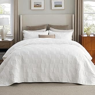 100% Cotton Quilt Set - Lightweight King Bedspread, Cozy White Bedding Coverlet 3-Piece with Pillow Shams in Checker Pattern for All Season, 106x96 inches, 100% Cotton Voile