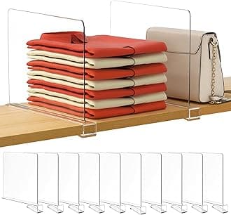 HBlife 12 Inches Tall [Extra Tall Version] Clear Shelf Dividers, 10 Pack Purse Organizer for Closet Perfect for Sweater, Shirts, Handbags, Acrylic Adjustable Bookshelf for Organization