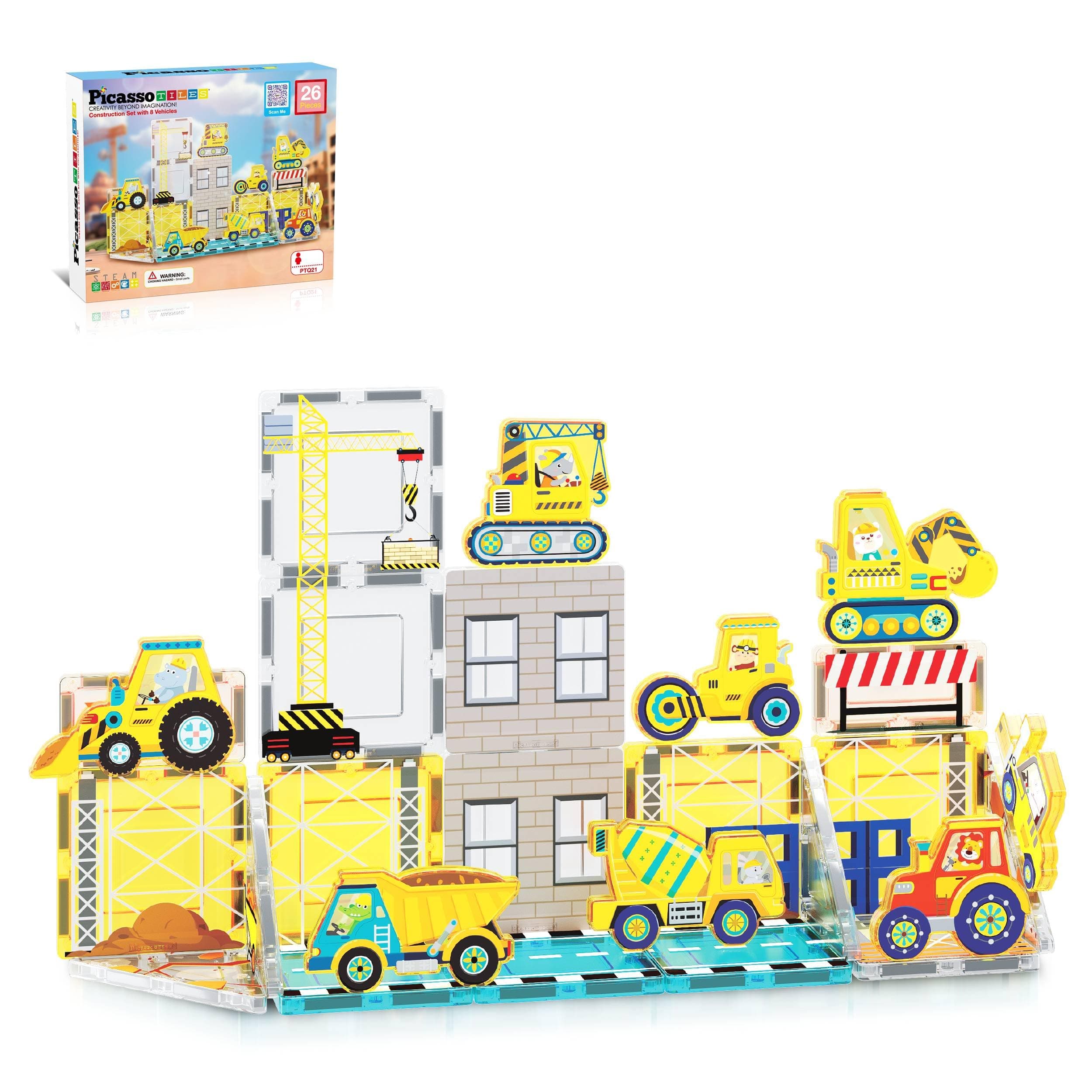 Magnetic Tile Construction Set with 8 Vehicle Figures and 18 Printed Panels STEM Educational Building Kit for Kids Age 3 Plus Creative Play Learning Blocks Motor Skills Development PTQ21