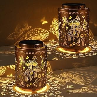 2 Pack Solar Lanterns Outdoor Waterproof Garden Decor Gifts for Women Mon Grandma Metal Hanging Solar Lights Decoration for Outside LED Lanterns for Yard Patio Lawn(Mushroom)