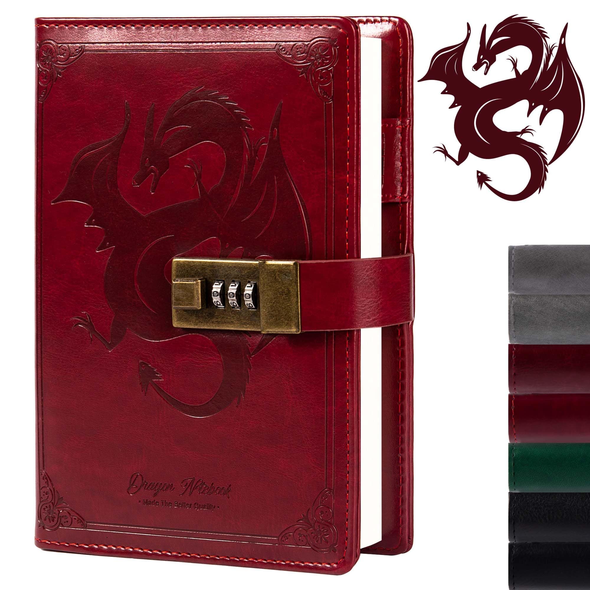 Dragon Leather Journal Notebook, Diary with Combination Lock, Lined/Blank Paper Notebook, B6 Writing Journals Stationery (Wine)