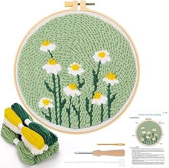 JSRQT Punch Needle Embroidery Starter Kits,Rug Hooking Kit for Kids and Adults Beginners,Handcraft Punch Needle Kits with Embroidery Hoops,Flowers and Plants Pattern
