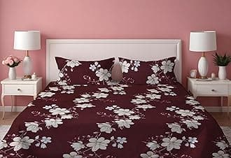 Prime Collections 160TC Glace Cotton Breathable Supersoft Wrinkelfree Double Flat Bedsheet with 2 Pillow Covers (Brown and White Floral, Flat)