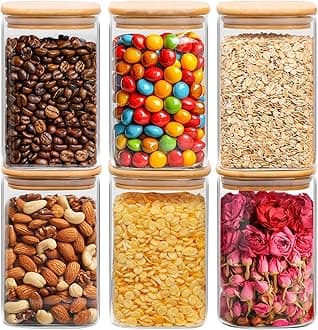 ComSaf 37 oz Glass Storage Containers with Lids, Glass Jars with Lids, Clear Food Jar, Square Canister Set of 6, Pantry Organizers and Storage for Cookie Flour Oat Pasta Tea Coffee Bean