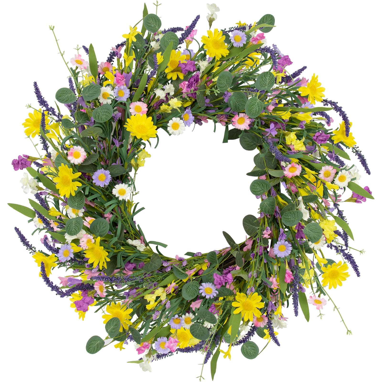 Spring Decorations for Home 22" Spring Wreath Artificial Summer Wreaths with Eucalyptus Leaf Lavender and Daisy for Easter Indoor Outdoor Home Festival Celebrations
