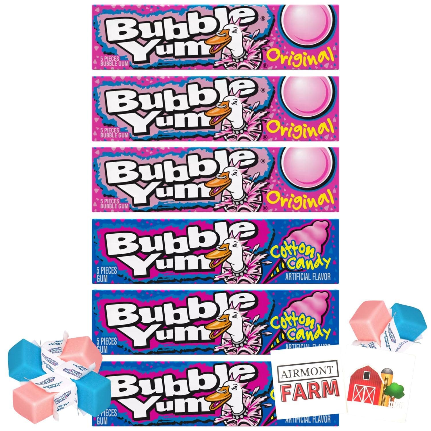 Bubblegum Yum Stick 6 Pack Bubble Gum - 3 Original and 3 Cotton Candy - 5 Pieces per Stick - with 2 Stickers