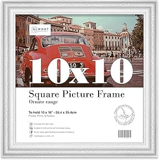 10x10 White Ornate Picture Frame 10"x10"(25.4x25.4cm) Poster, Photo, Artwork, or Print. Baroque Style Portrait and Landscape Display with Wall Hooks