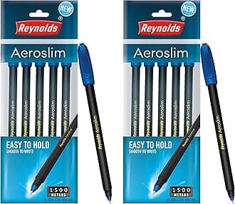 Reynolds AEROSLIM BP 5 CT POUCH - BLUE | Ball Point Pen Set With Comfortable Grip | Pens For Writing | School and Office Stationery | Pens For Students | 0.7mm Tip Size (Pack of 2)
