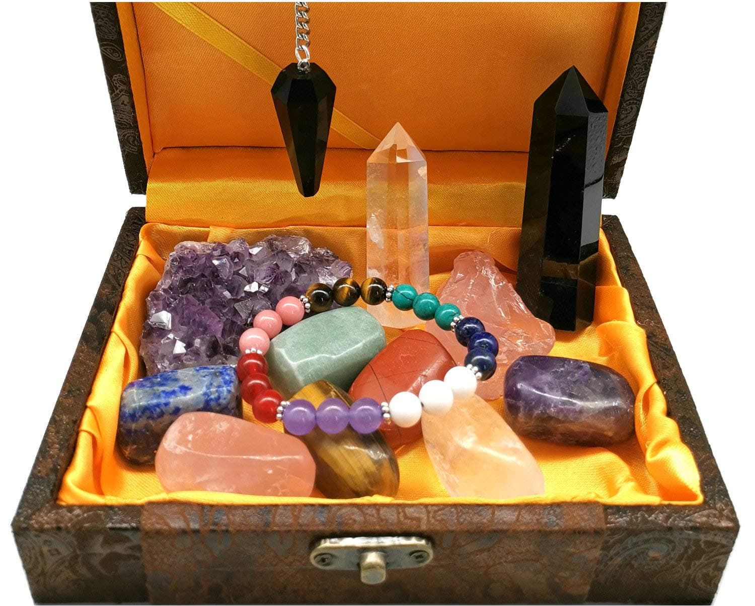Crystal Chakra Healing Gift/Balancing Chakra Crystal Set:7 Tumbled Stones,Amethyst Cluster,Raw Rose Quartz,Clear Crystal Wand,Obsidian Crystal Point,Pendulum,Chakra Bracelet,for Meditation,Decoration